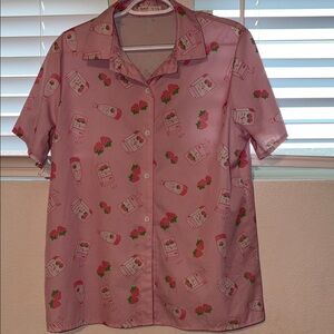 ROMWE Pink Strawberry Graphic Button Down Shirt